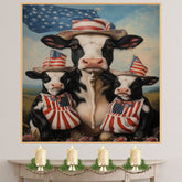 Black and White Cow Mother and Calves in Patriotic Outfits with American Flag and Stars in a Peaceful Countryside Scene on Ready to Hang 1.5" Thick Canvas Wrap, Floating Framed Canvas, Flat Rolled Canvas